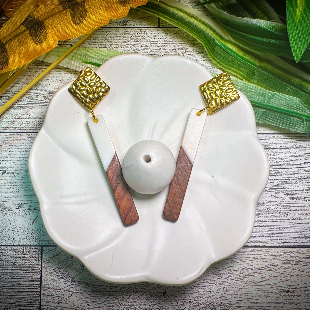White, gold, wooden drop earrings
